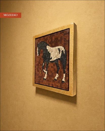“Majestic Stride horse mosaic shown in a 12×14 inch handcrafted marble artwork from Mozeeko’s NIA collection. Video displays close-up views of the mosaic tiles, textures, and craftsmanship as the horse figure appears in black, cream, and brown marble pieces.”