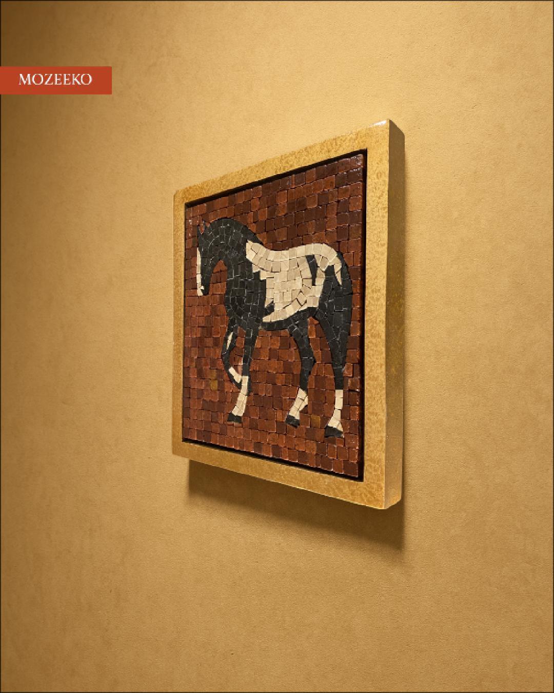 “Majestic Stride horse mosaic shown in a 12×14 inch handcrafted marble artwork from Mozeeko’s NIA collection. Video displays close-up views of the mosaic tiles, textures, and craftsmanship as the horse figure appears in black, cream, and brown marble pieces.”