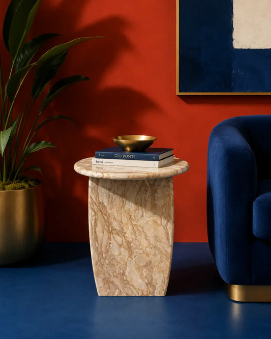 Rakhrol Fancy marble accent table with round top and sculptural base – handcrafted, 19 inches tall and 15.75 inches diameter