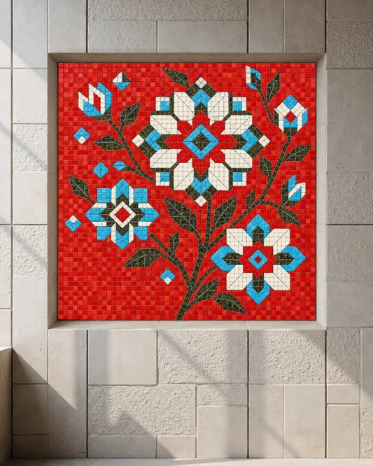 Floral vitreous glass mosaic in red, blue, white and dark olive for niches and feature walls. Custom sizes and colours available.