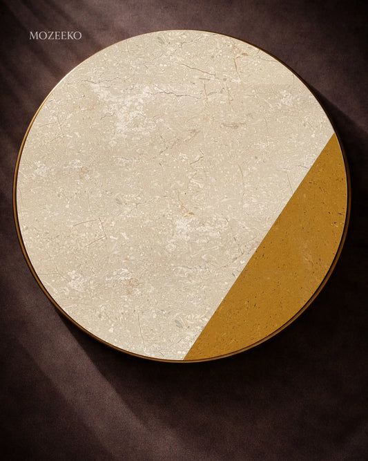 Round marble table top in Botticino Cream and Golden marble with diagonal design and brass rim