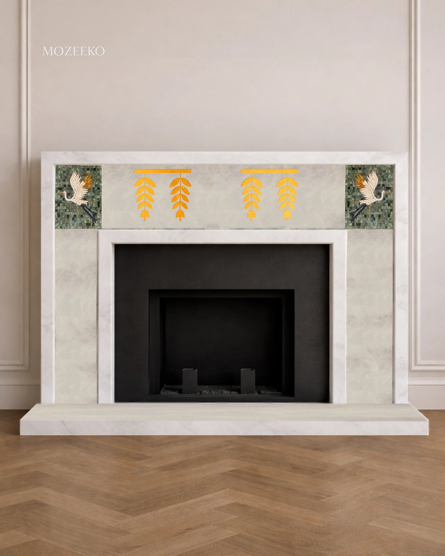 French-style Ziarat White marble fireplace featuring brass strip inlays and handcrafted bird mosaic panels, designed as a refined luxury architectural centerpiece by Mozeeko.