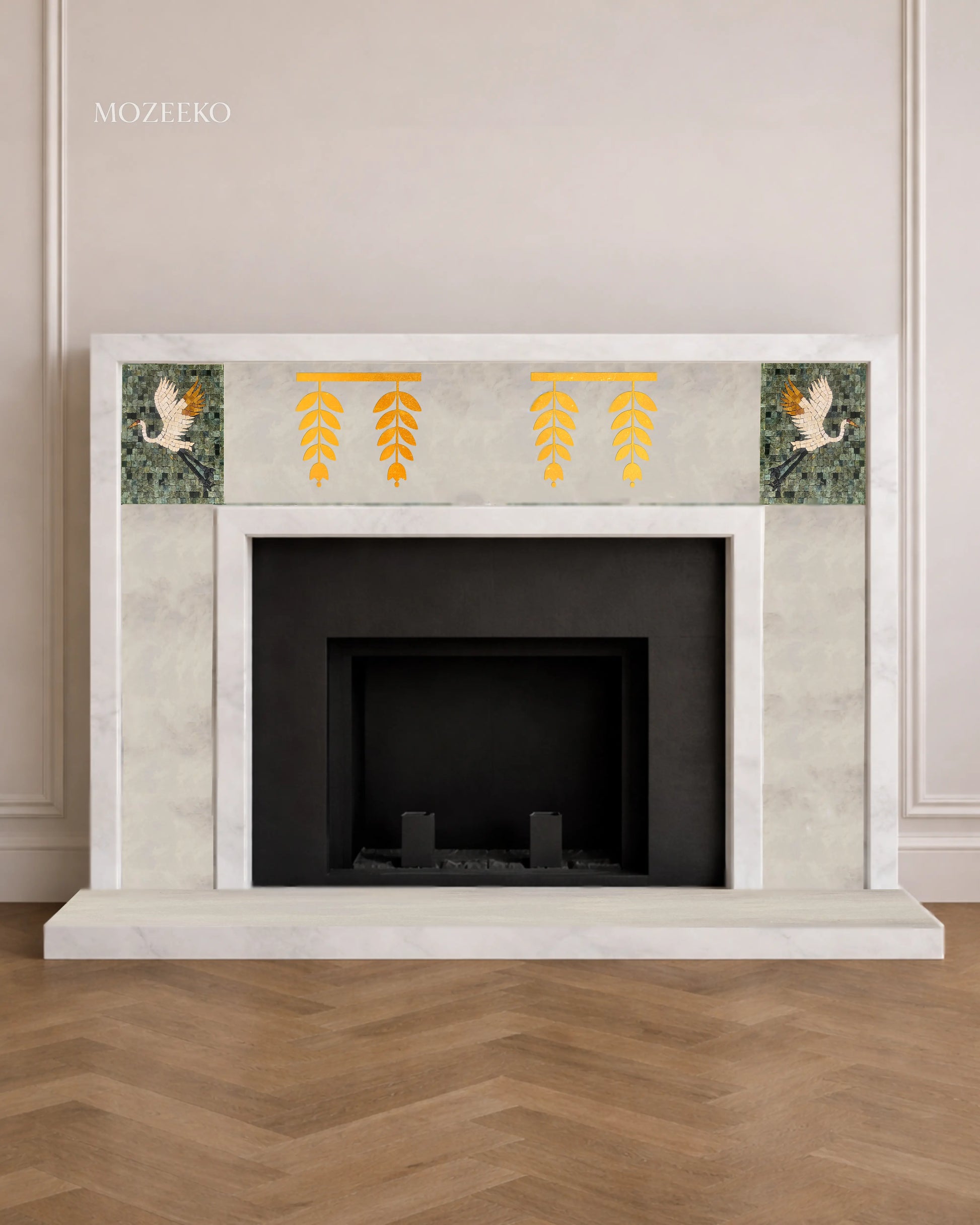 French-style Ziarat White marble fireplace featuring brass strip inlays and handcrafted bird mosaic panels, designed as a refined luxury architectural centerpiece by Mozeeko.