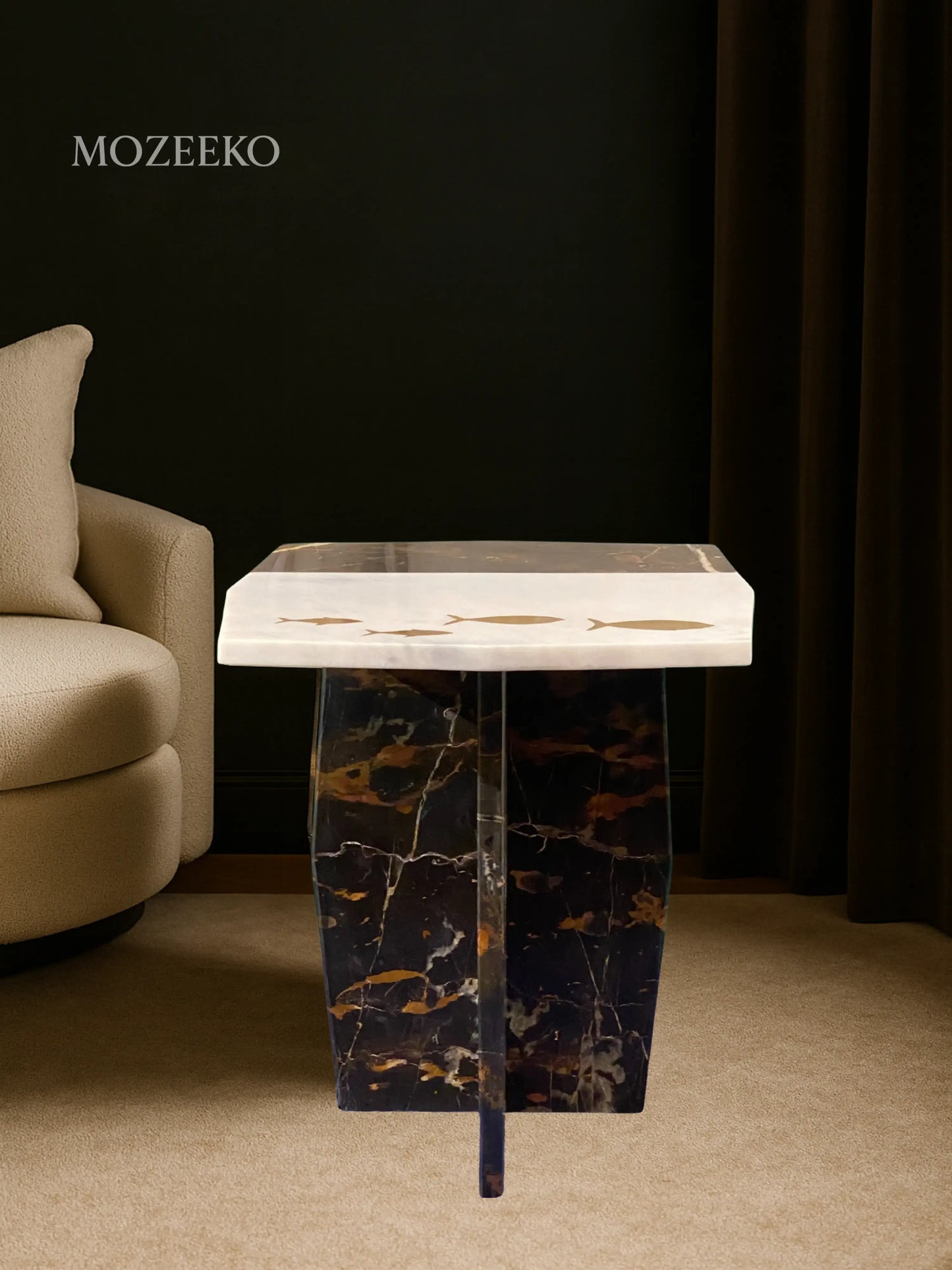 Brass fish inlay accent table with segmented Ziarat White and Black & Gold marble top and Black & Gold base, handcrafted by Mozeeko.