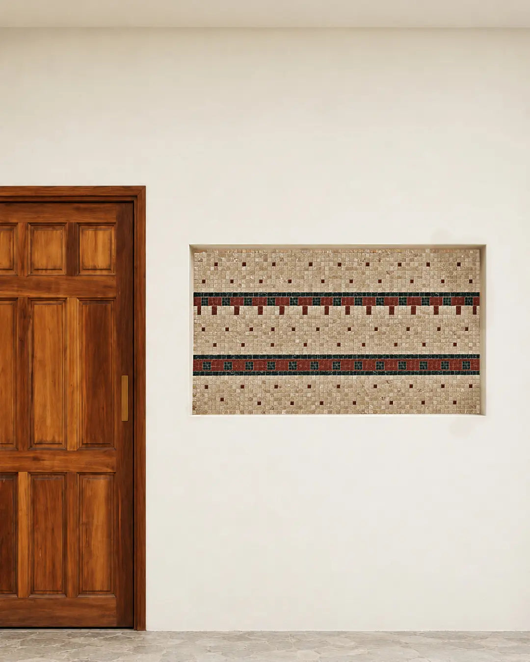 Beige, Pak Green and red striped marble mosaic wall panel installed beside a wooden door