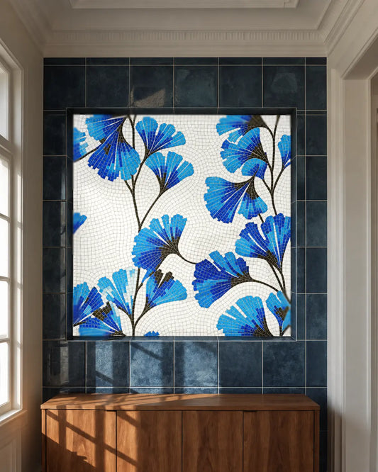Sky-blue floral vitreous glass mosaic installed in a recessed feature-wall niche.