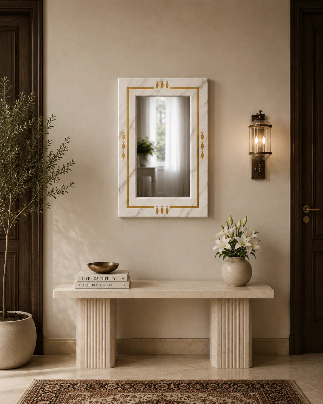 Red and white marble mirror frame with thin brass strip border, 22 × 32 inches, handcrafted luxury stone mirror by Mozeeko-1