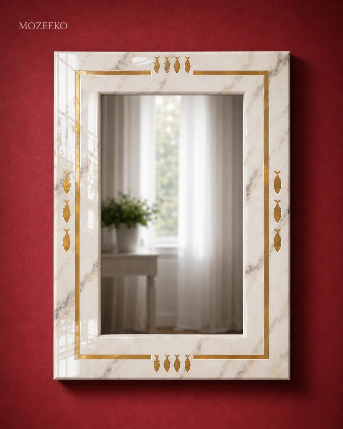Red and white marble mirror frame with thin brass strip border, 22 × 32 inches, handcrafted luxury stone mirror by Mozeeko