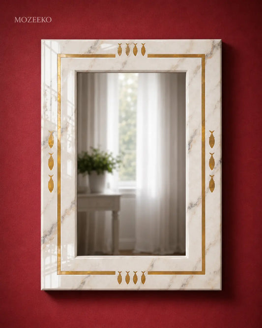 Red and white marble mirror frame with thin brass strip border, 22 × 32 inches, handcrafted luxury stone mirror by Mozeeko