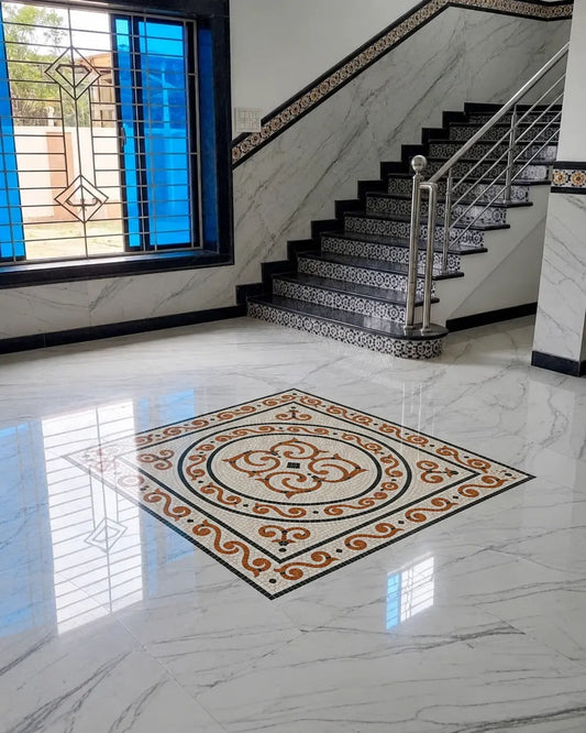Heritage Scroll square marble mosaic medallion installed in a polished white marble entrance floor