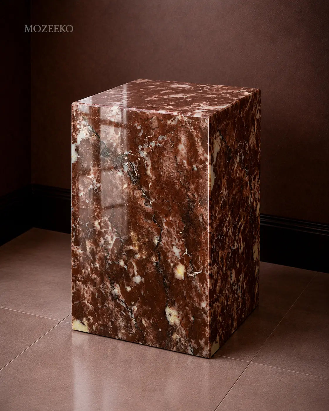 Strawberry marble plinth with polished finish and mitered corners, styled as a sculptural accent pedestal