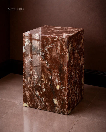 Strawberry marble plinth with polished finish and mitered corners, styled as a sculptural accent pedestal