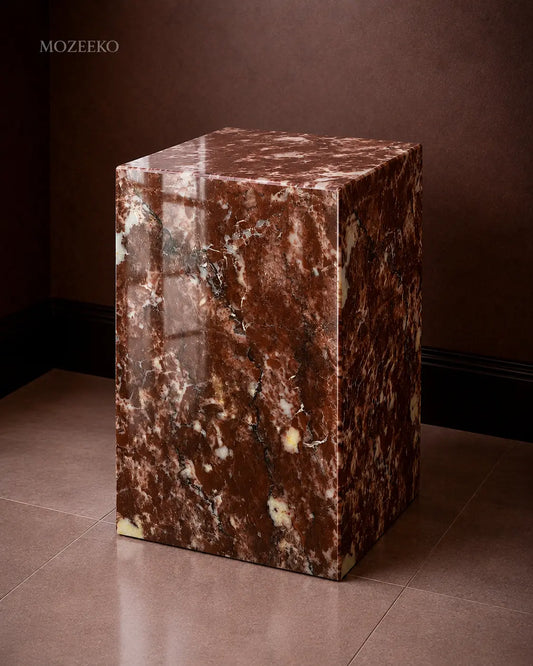 Strawberry marble plinth with polished finish and mitered corners, styled as a sculptural accent pedestal