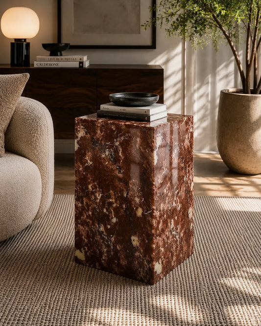 Strawberry marble plinth with polished finish and mitered corners, styled as a sculptural accent pedestal
