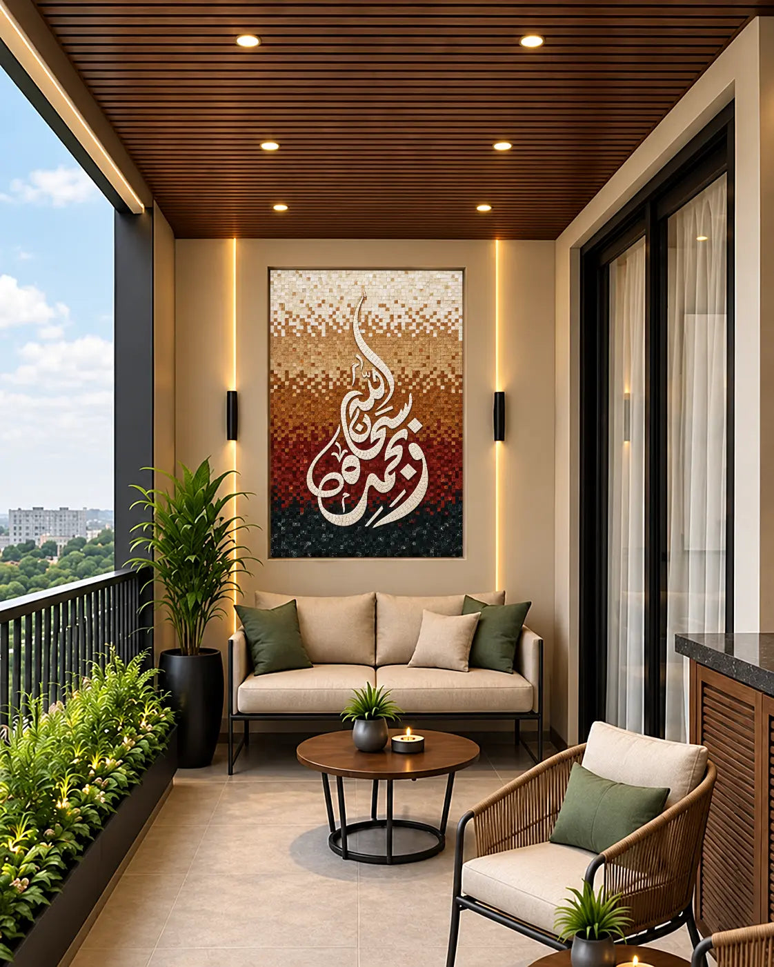 White Subhan Allah Arabic calligraphy on a handcrafted marble mosaic panel with cream, brown, red and black gradient background