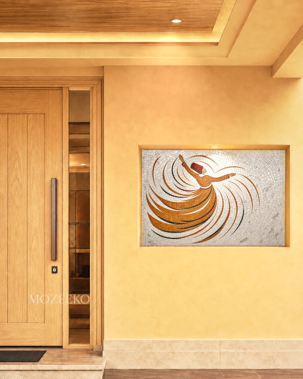 Whirling Sufi dervish marble mosaic wall art with flowing golden, brown, black and red marble details on a white mosaic background.