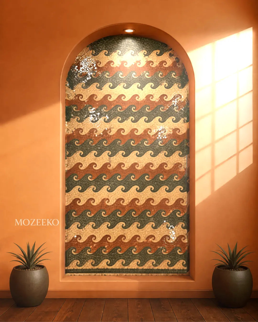 Swirling waves marble mosaic wall art in green, terracotta and beige displayed in a tall arched wall niche.