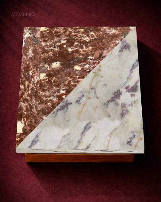 Rectangular marble table top with two-triangle geometric design in strawberry and red-white marble