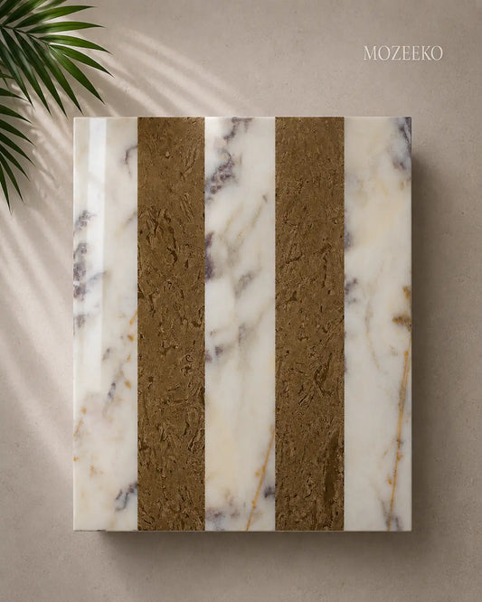 Linear strip marble table top in Red & White marble and Desert Gold by Mozeeko