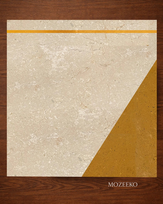 Mozeeko Signature Marble Table Top — Botticino Cream & Golden Marble with Brass Inlay