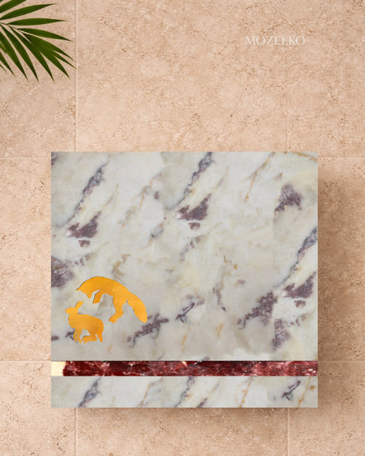 Mozeeko Red & White Marble Table Top — Brass Wolf & Rabbit