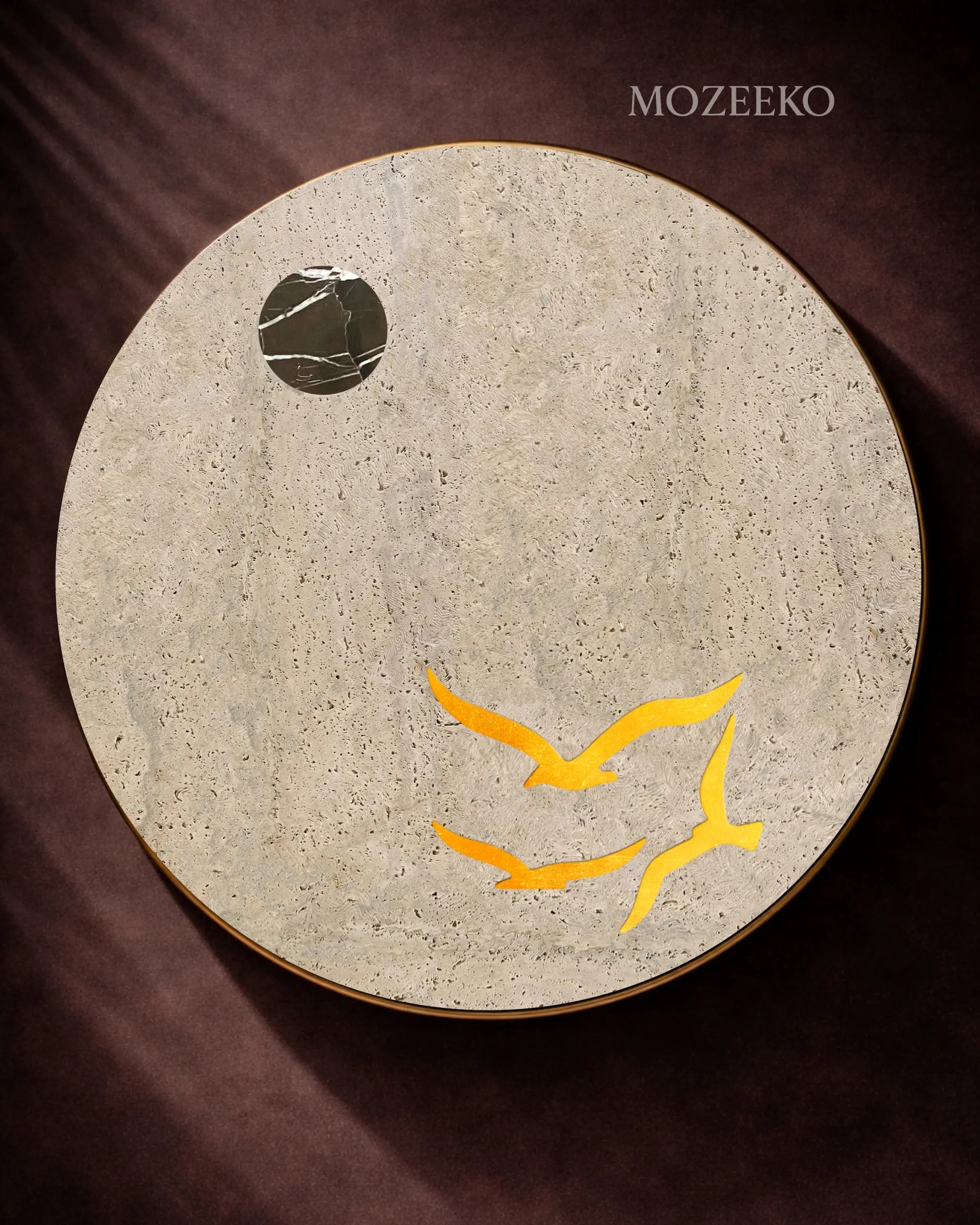 Round travertine marble table top with brass birds and black gold marble sun inlay