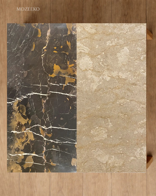 Custom linear marble tabletop with bullnose edge by Mozeeko