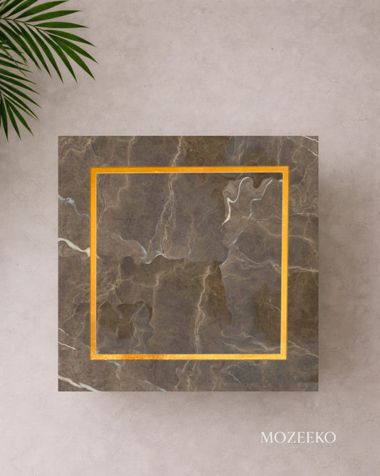 Coffee brown marble table top with half-inch brass strip inlay by Mozeeko