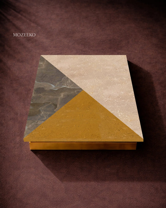 Rectangular marble table top with three-triangle geometric design in golden, coffee brown, and Botticino cream marble