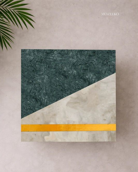 Geometric marble table top in Kamoor White and Indian Green with brass inlay by Mozeeko