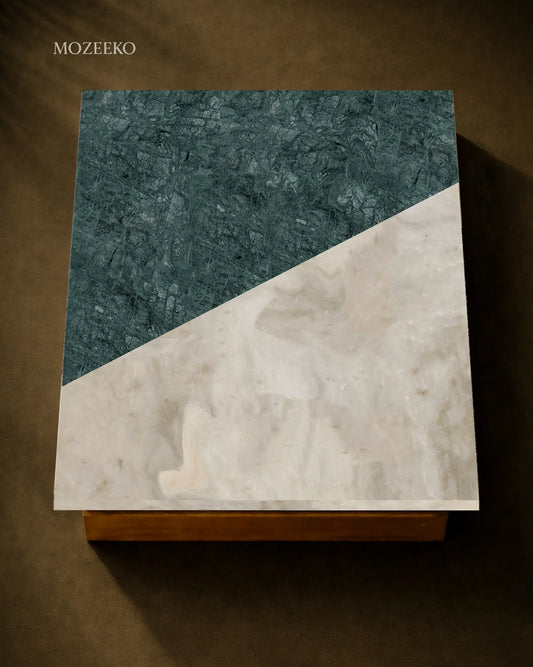 Rectangular marble table top with indian green and kamoor white in a linear diagonal design