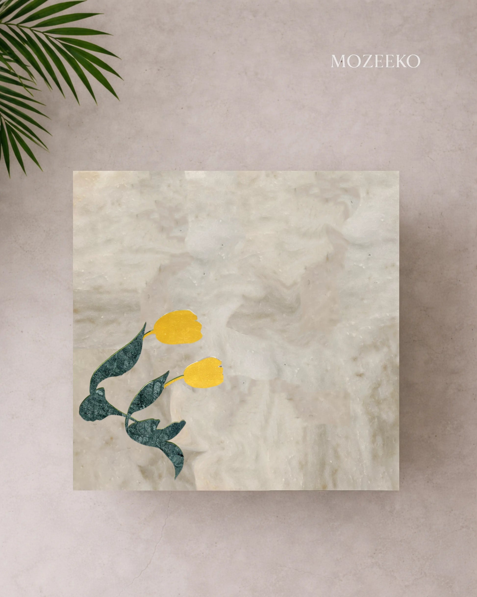 Kamoor White marble table top with hand-inlaid brass flower and Indian Green marble leaves