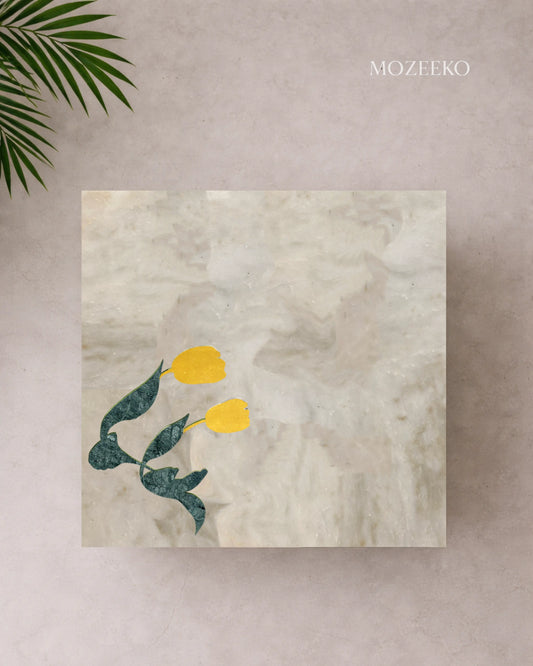 Kamoor White marble table top with hand-inlaid brass flower and Indian Green marble leaves