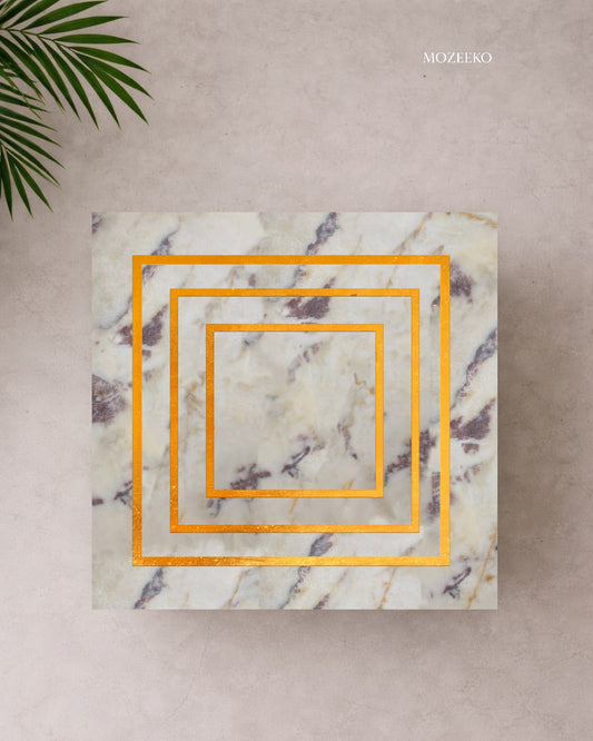 Red and white marble table top with triple brass inlay rectangular design