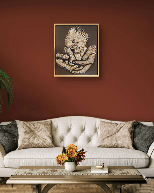 Handcrafted baby in hands marble mosaic wall art with gold floating frame Mozeeko Aura collection-2