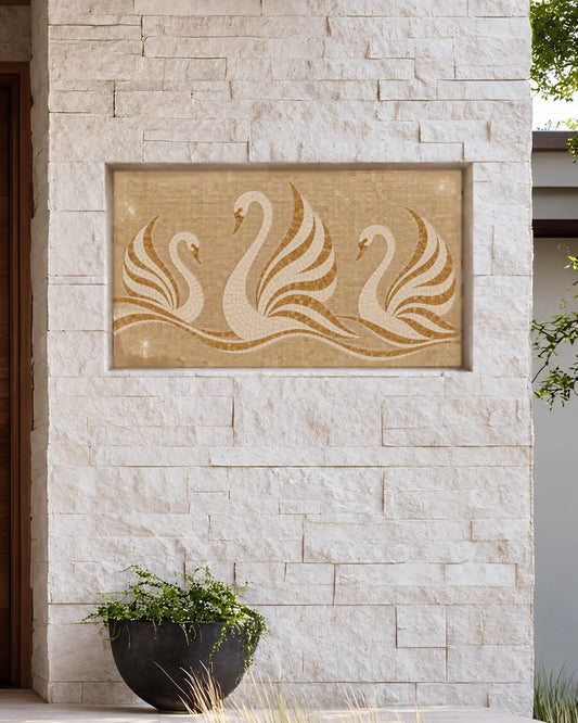Three Ivory & Gold Swans Marble Mosaic Wall Panel