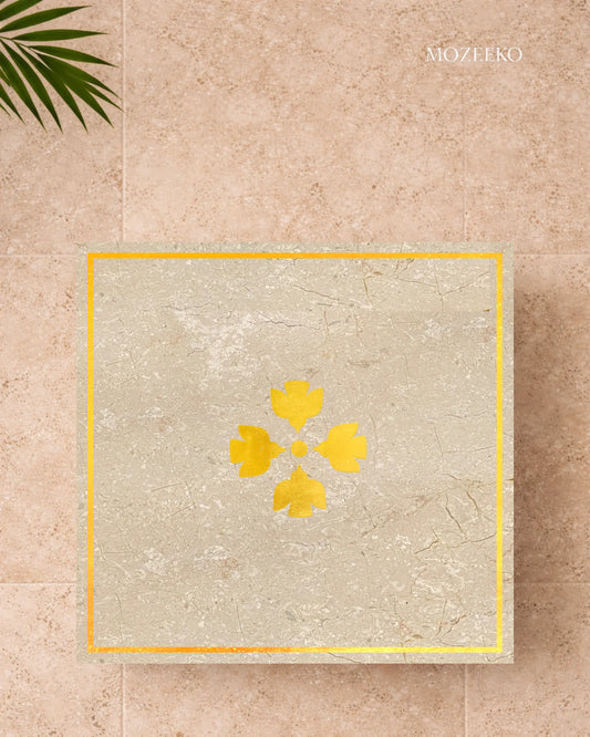 Travertine marble table top with four brass birds and sun motif by Mozeeko
