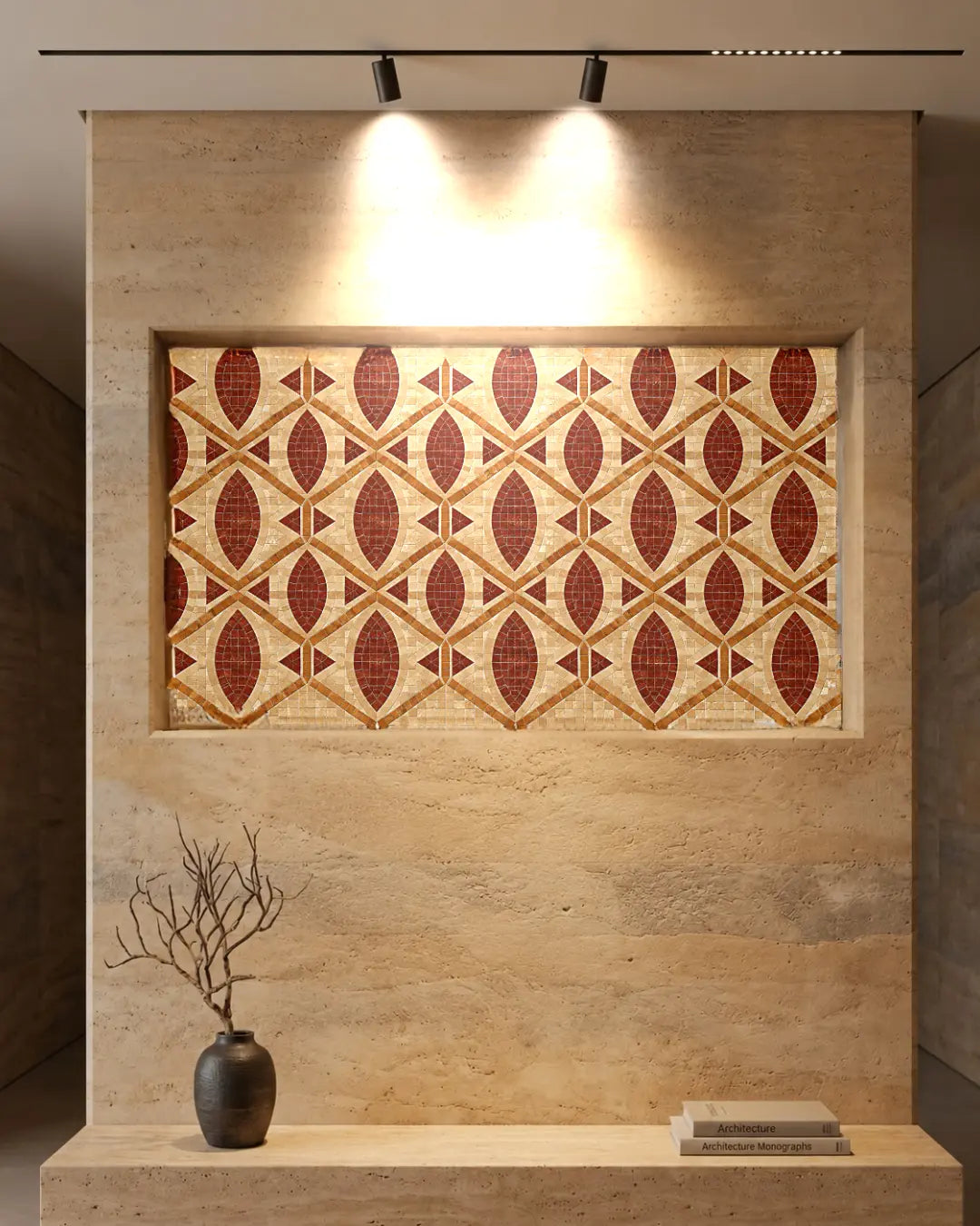 Terracotta, golden and cream geometric marble mosaic panel displayed in a recessed travertine wall niche