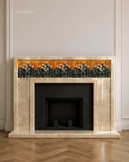 French-style travertine marble fireplace featuring an inlaid floral mosaic frieze, handcrafted with classical European proportions and made to order by Mozeeko.