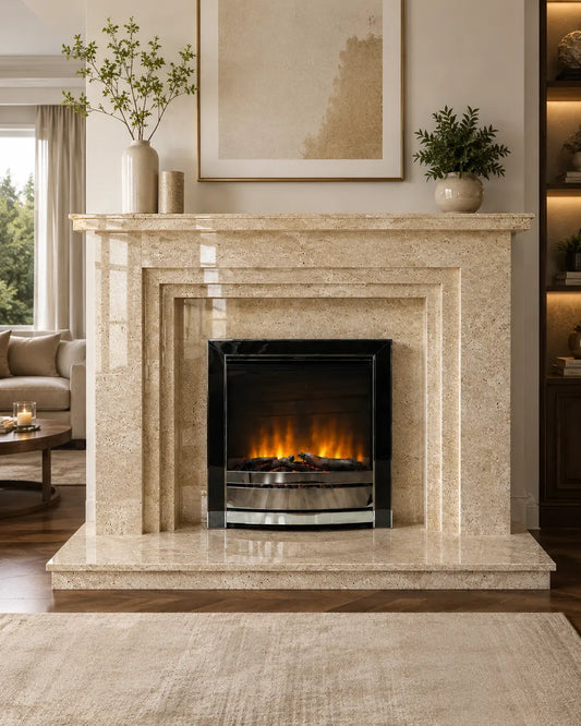 Handcrafted travertine marble fireplace surround with stepped mouldings and polished natural stone finish.