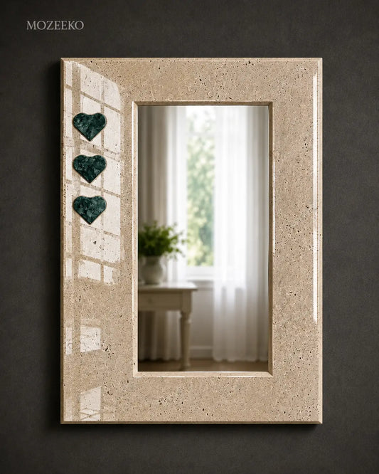 Travertine marble mirror with Indian Green heart inlays and 