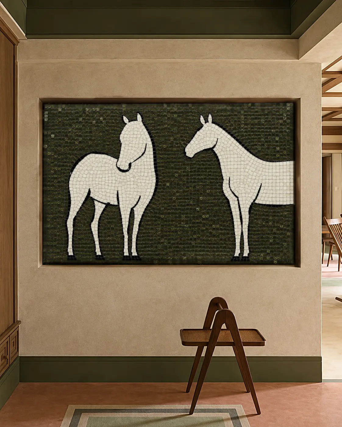 Two white horses on a dark-green vitreous glass mosaic panel installed in a recessed interior wall.