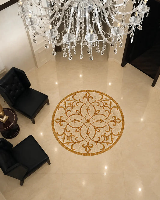 Verona Gold scroll marble mosaic medallion installed in an elegant polished marble floor
