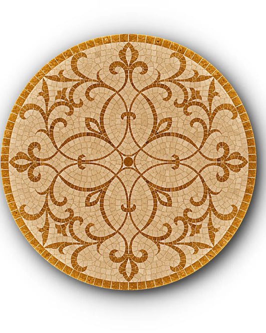 Round ornamental scroll mosaic medallion handcrafted in Golden and Botticino Cream marble