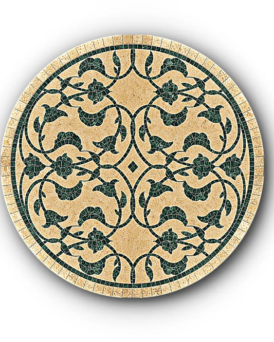 Round botanical scroll medallion handcrafted in natural Pak Green and cream marble tesserae