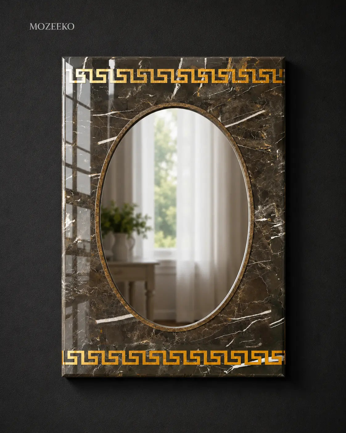 Black and gold marble mirror frame with brass inlay border, rectangular 22 × 32 inches, handcrafted stone mirror by Mozeeko