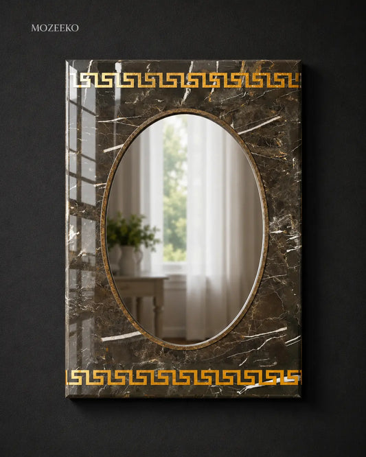 Black and gold marble mirror frame with brass inlay border, rectangular 22 × 32 inches, handcrafted stone mirror by Mozeeko
