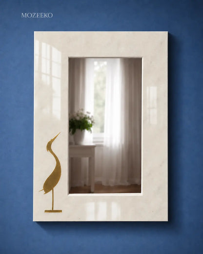 Kamoor White marble mirror with stylized brass bird inlay on a minimalist stone frame-2