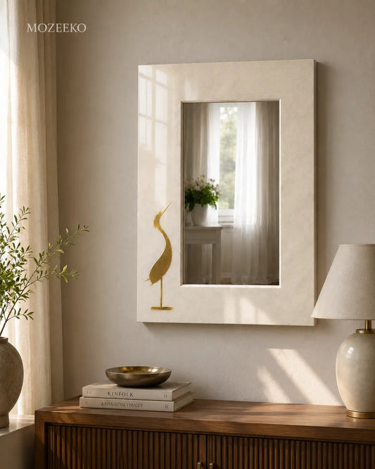 Kamoor White marble mirror with stylized brass bird inlay on a minimalist stone frame-1