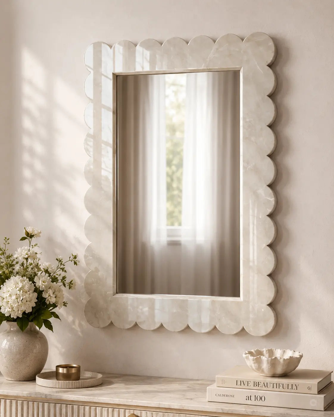 Kamoor White marble mirror frame with carved swirl border, handcrafted luxury stone mirror by Mozeeko